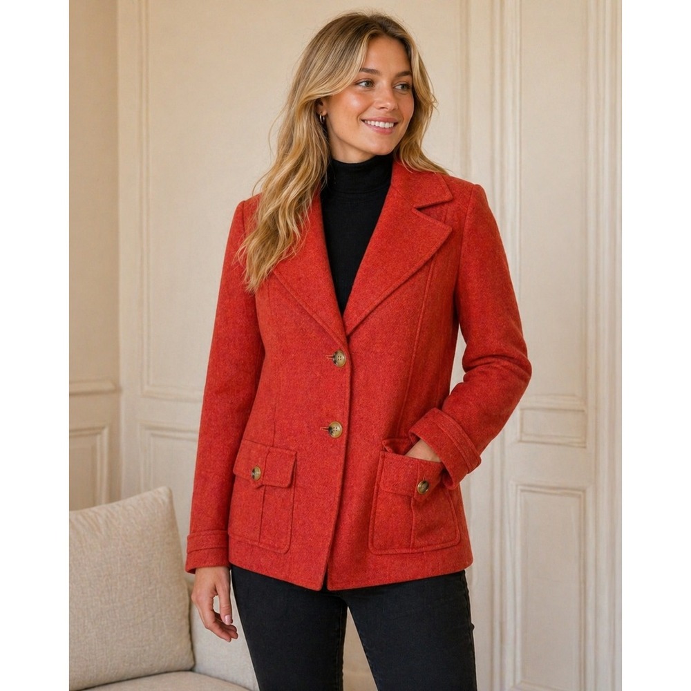 Talbots Woman Petites Wool Blend Blazer Jacket Orange Red 20WP Career‎ Pea Coat